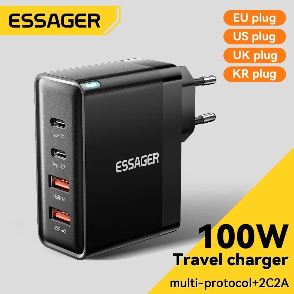 Essager 100W GaN USB Tipo C Carregador PD QC Carga Rápida 4.0 3.0 Tipo C Ricarica Rapida Por iPhone 14 13 12 Xiaomi Macbook - AliExpress 202192403