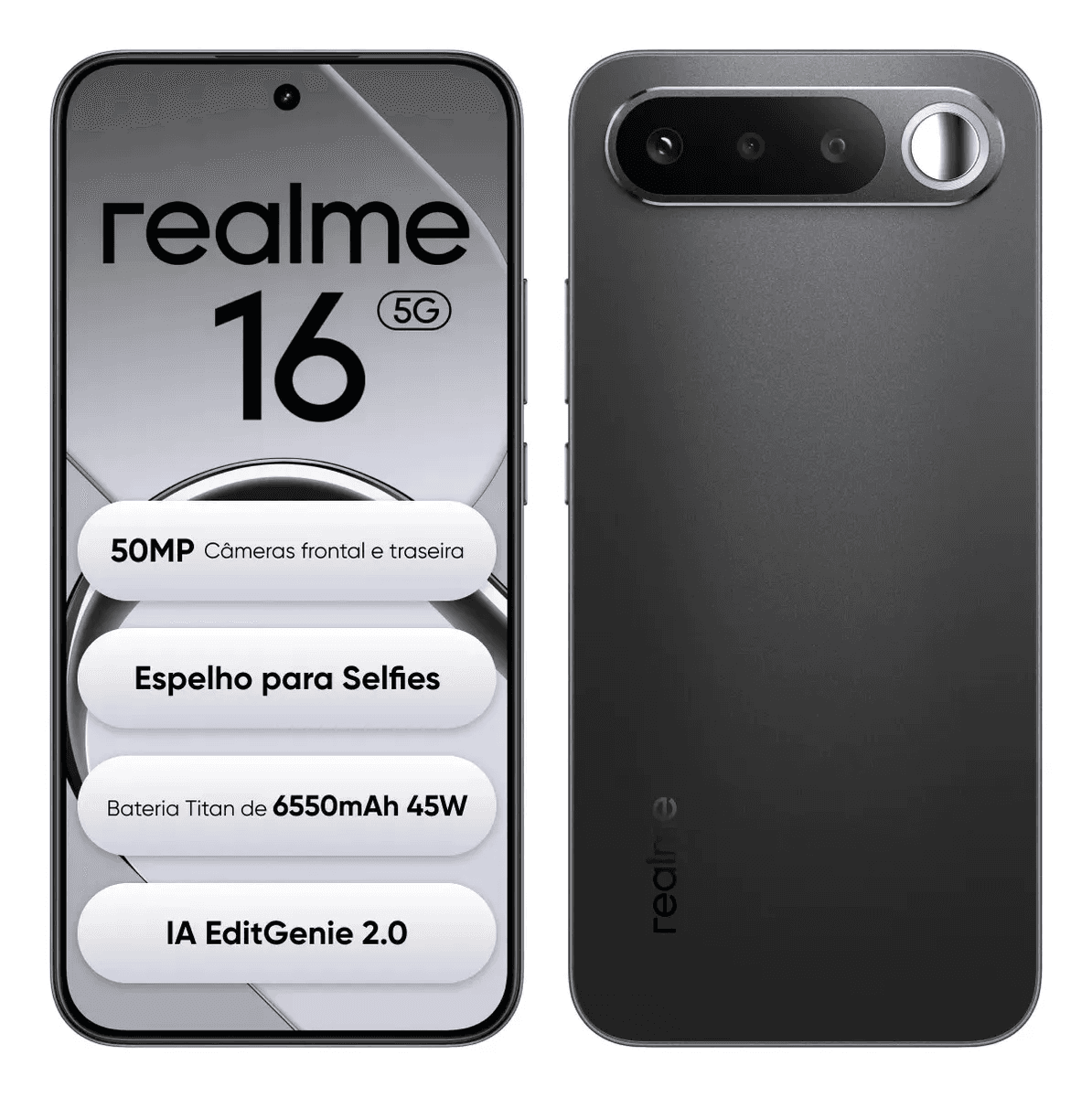 Smartphone Celular Realme 16 5g 256gb 12gb Ram Dual Sim Câmera De 50mp Lumacolor Image Espelho para Selfies Bateria 6550mah Impermeável Ip69 Pro 4200nit Amoled Preto